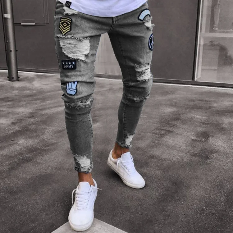 Men Stretchy Ripped Skinny Biker Embroidery Print Jeans Destroyed Hole Denim Hip Hop Jeans at Hiphopee
