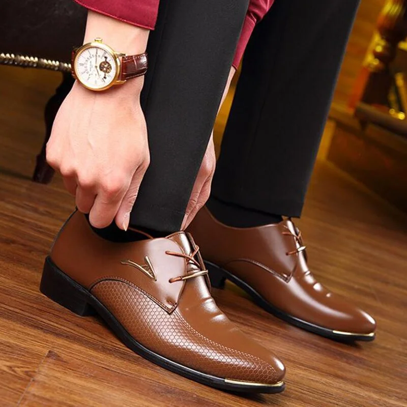 2021Mens Leather Shoes Fashion Pointed Toe Lace Up Men's Business Casual Shoes Oxfords Dress Shoes Big Size 39-48