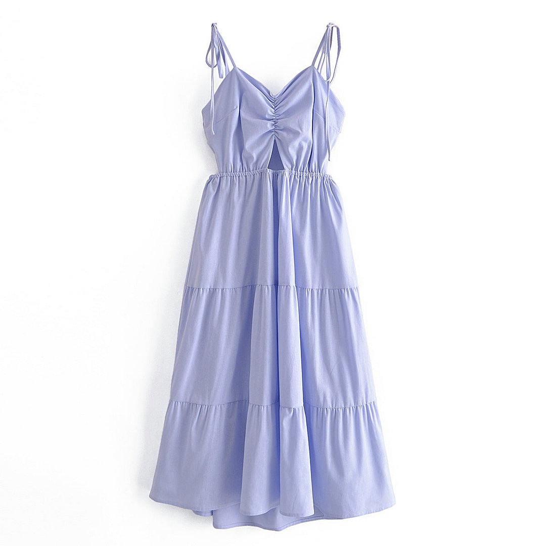 Spring Women's Clothing Long, Purple Style Laminated Lace-up Dress
