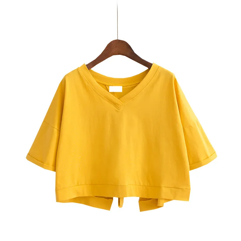 Brownm Brownm Summer Pure Color Back Splicing Fork V-Neck Loose Short Jacket Female Student Strap Short Sleeve T-Shirt Women's Wear