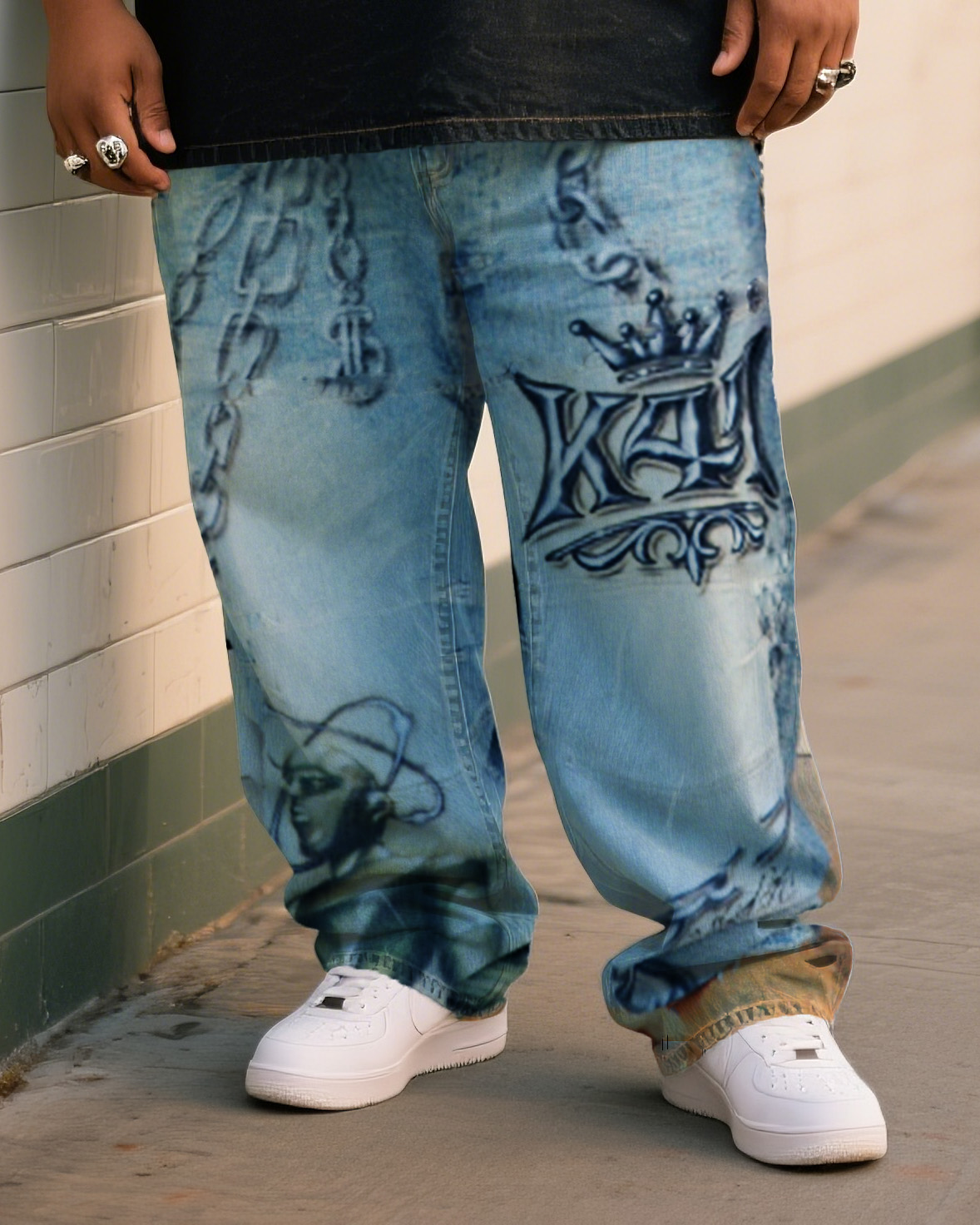 Plus Size Men's Crow Clown Print T-Shirt Personalized Graffiti Pants Denim Suit