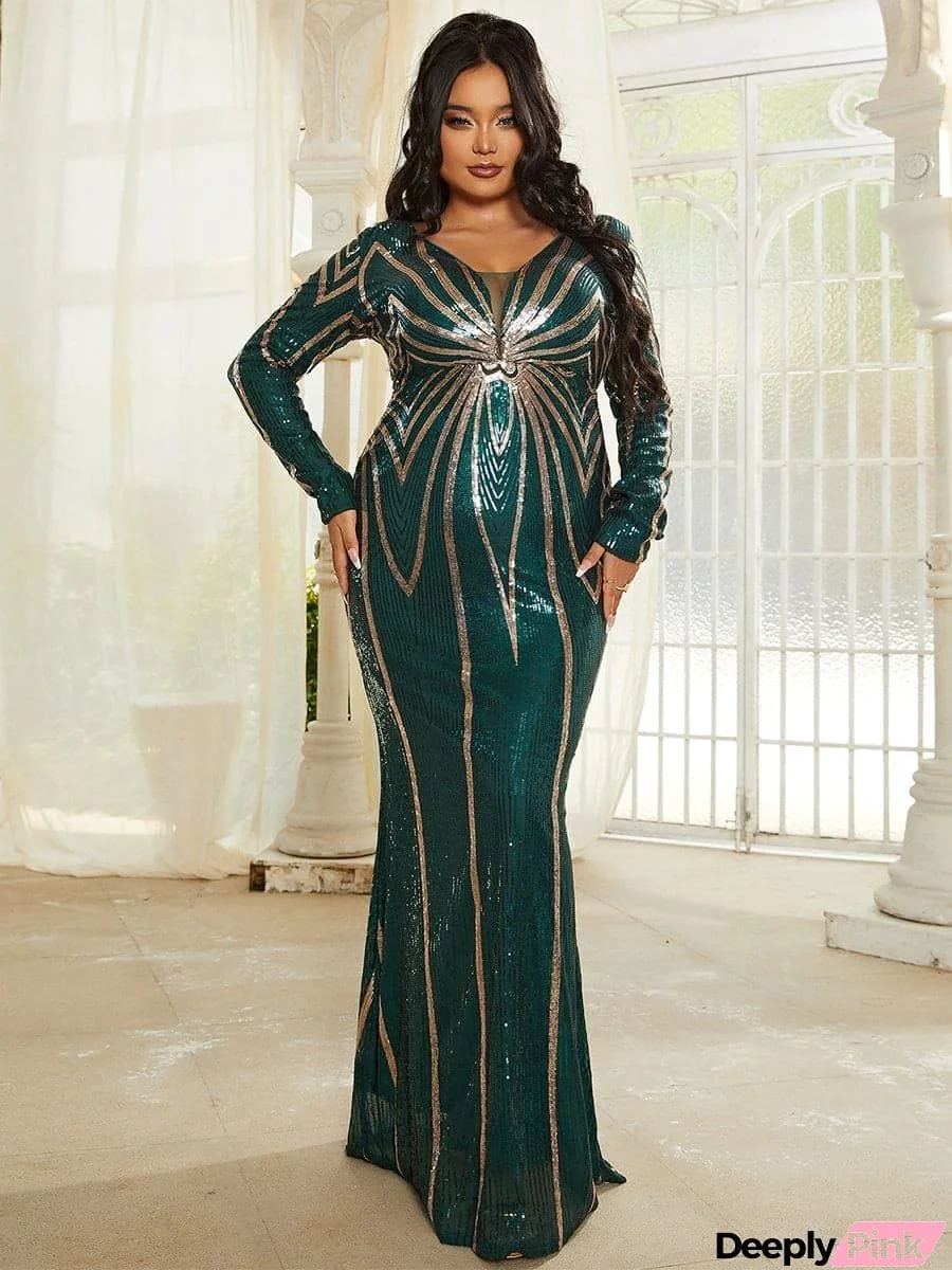Plus Size V Neck Backless Sequin Maxi Multicolor Prom Dress PM02093