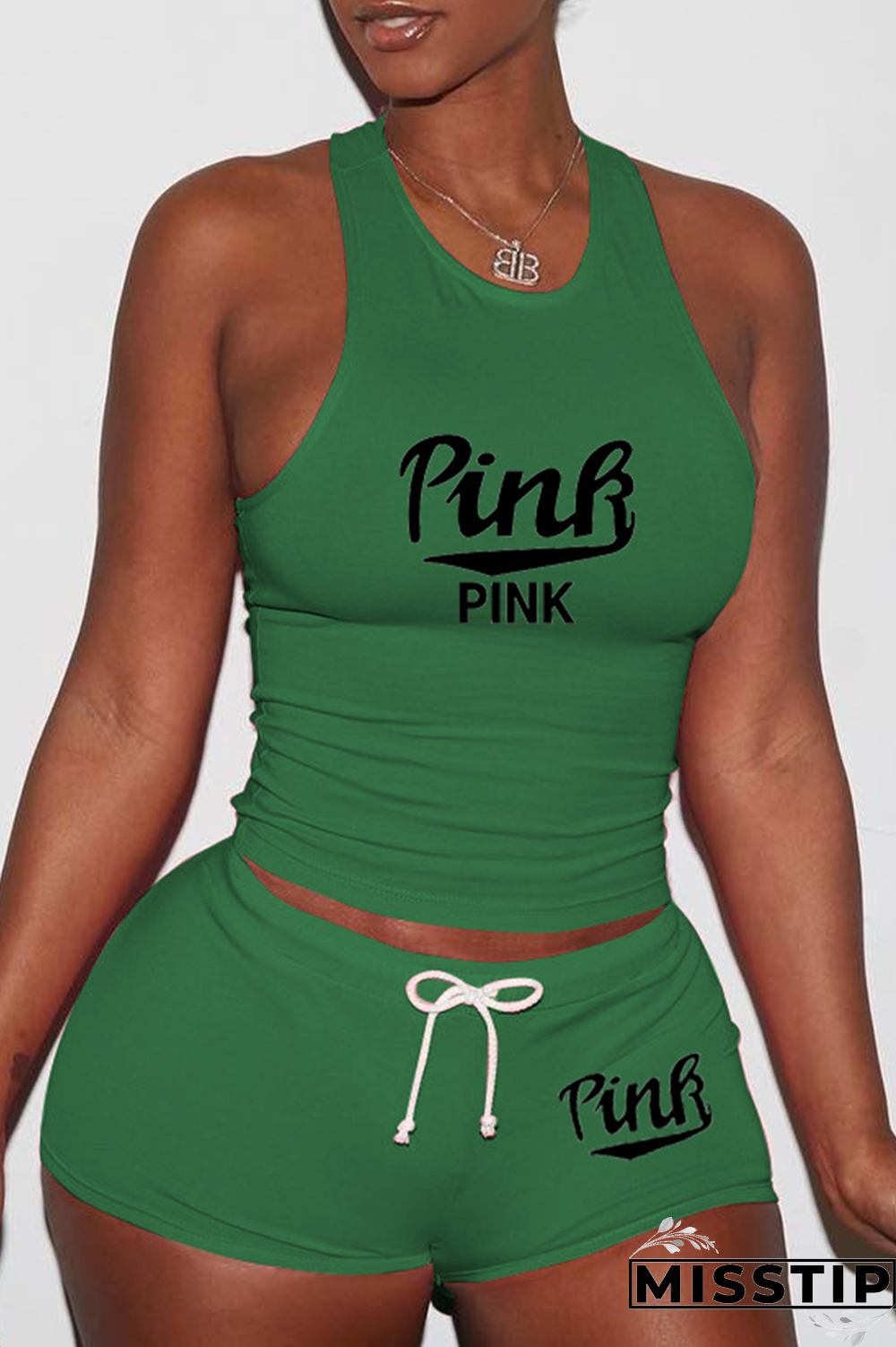 Pink Sexy Print Patchwork U Neck Sleeveless Two Pieces
