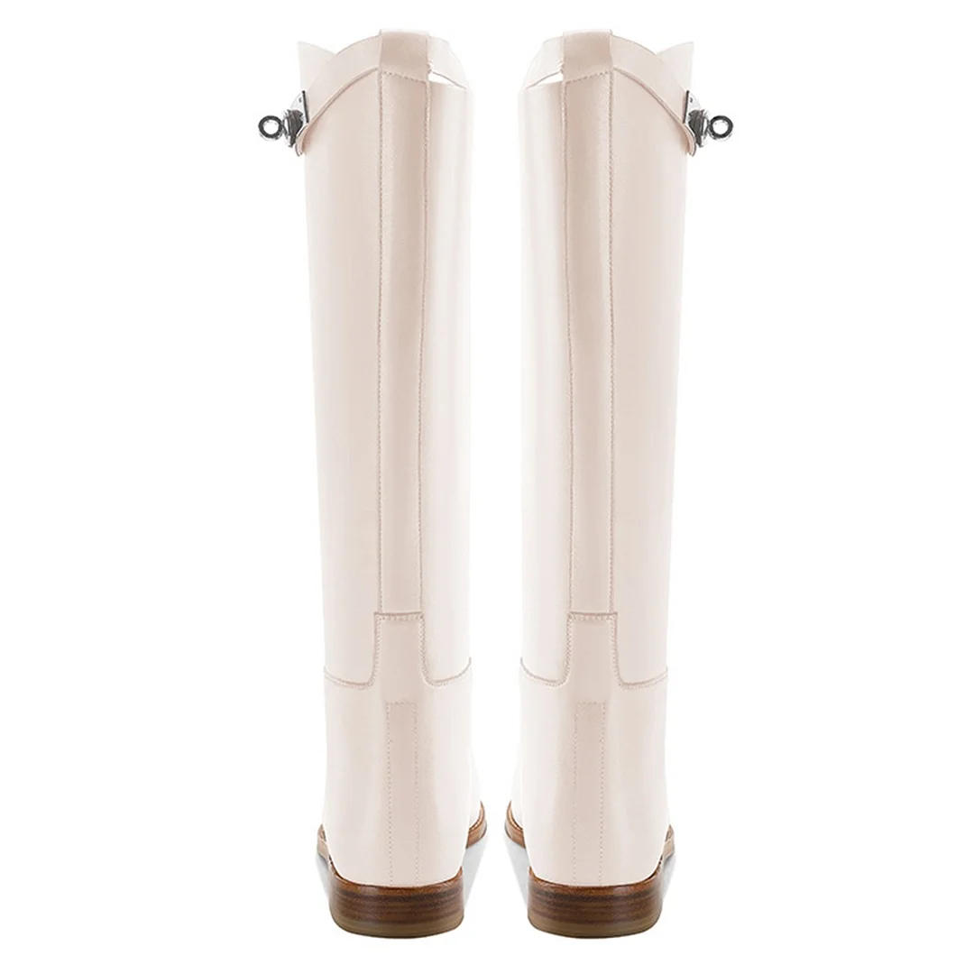 Women's Ivory Closed Toe Knee-High Slip On Flat Buckle Boots