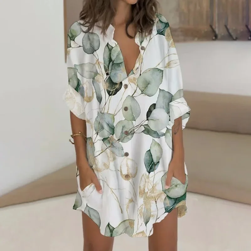 Casual Leaf Print Button Long Sleeve Pocket Mini Dress