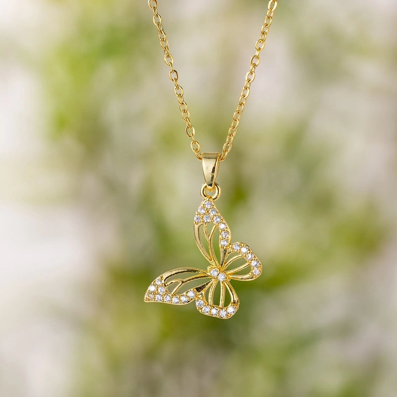 Titanium Steel Copper IG Style Sweet Hollow Out Inlay Butterfly Zircon Pendant Necklace