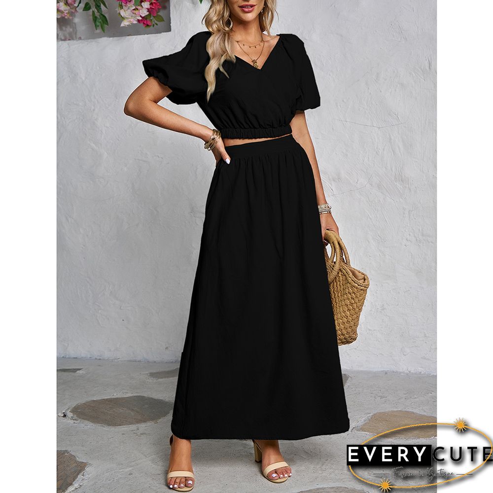 Black V Neck Crop Top and Pocket Skirt Set