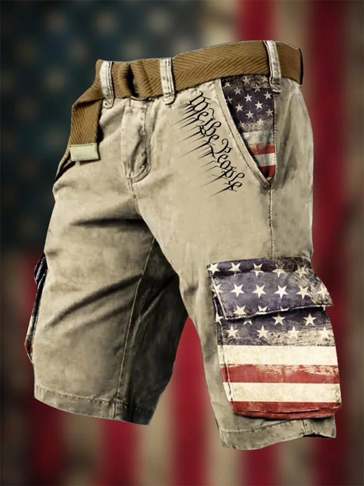 Men's Retro God Bless America Print Cargo Shorts