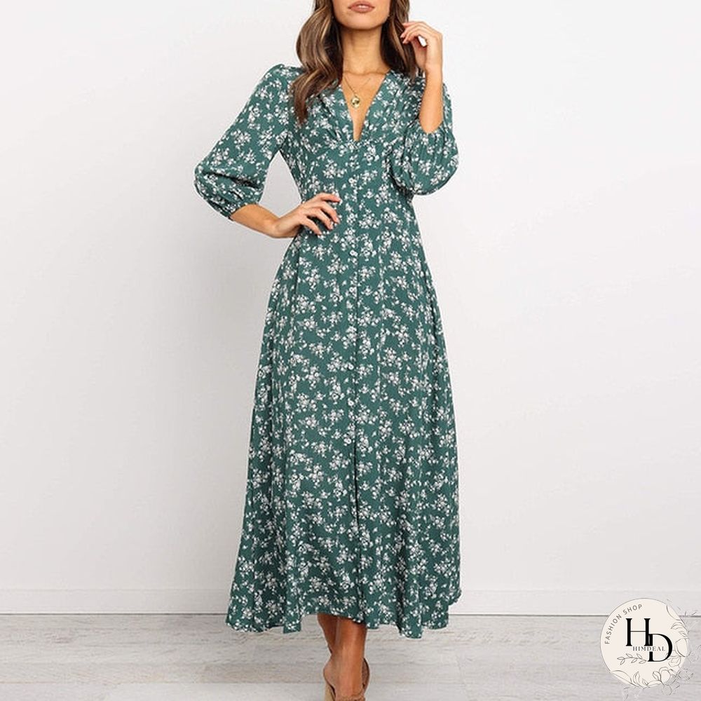 Womens Chiffon Long Dress-Floral Print lantern sleeve a-line maxi vestido autumn new