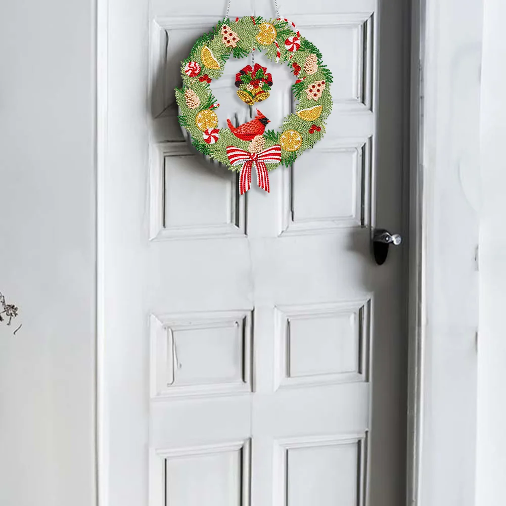 DIY Xmas Bird Bell Acrylic Single Side Special Shaped Diamond Painting Wreath Ornament with LED Light