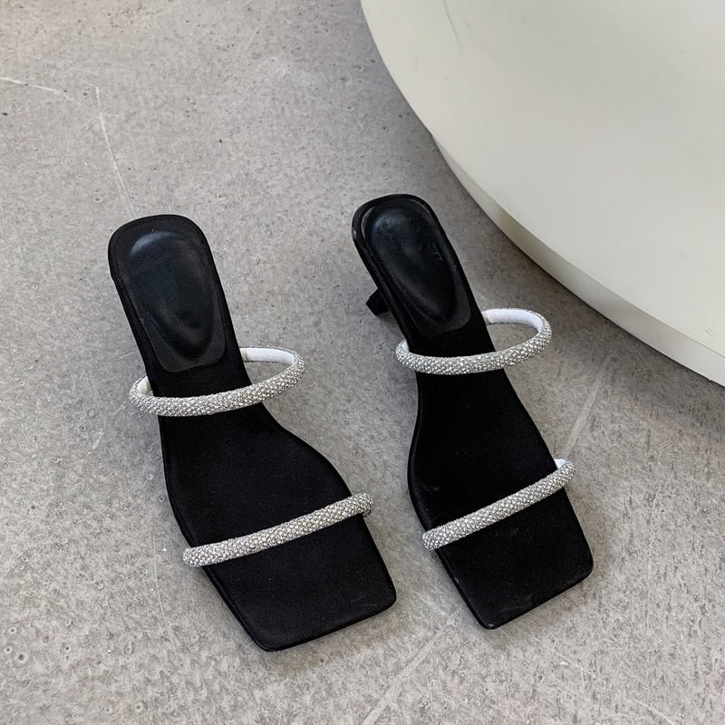 SUOJIALUN 2022 Summer Brand Crystal Women Slipper Thin Med Heel Ladies Sandal Shoes Square Toe Narrow Band Slides Flip Flop Muje
