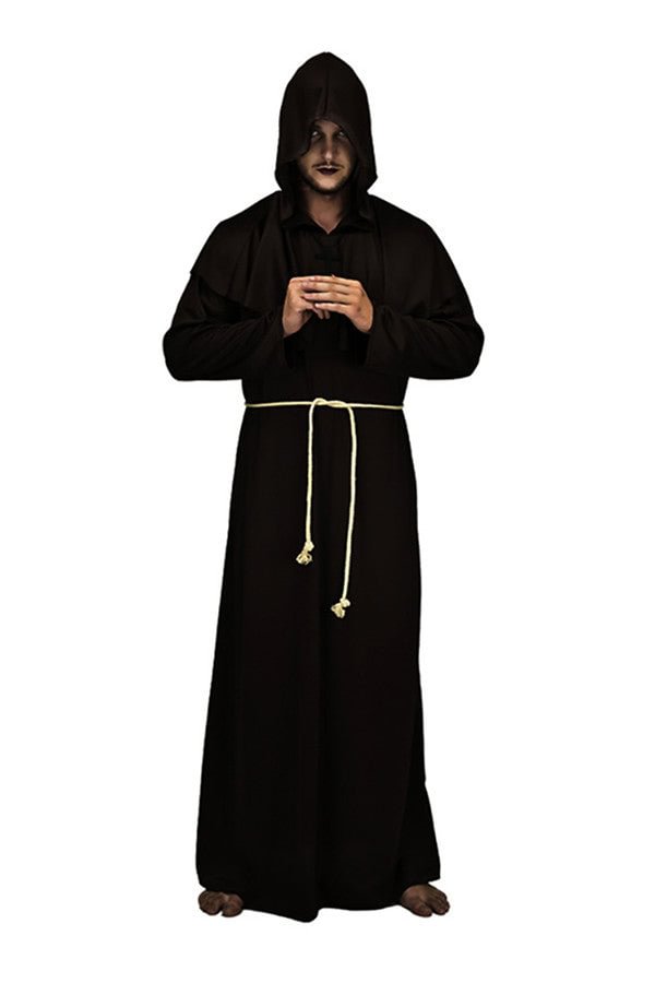 Long Hooded Robe Mens Friar Tuck Wizard Halloween Costume Black-elleschic