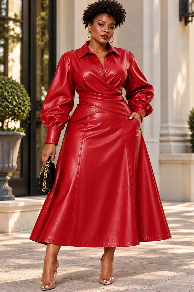 Xpluswear Design Plus Size Business Casual Red Shirt Collar Long Sleeve Pocket PU Leather Midi Dresses [Pre-Order] 2024 - Xpluswear