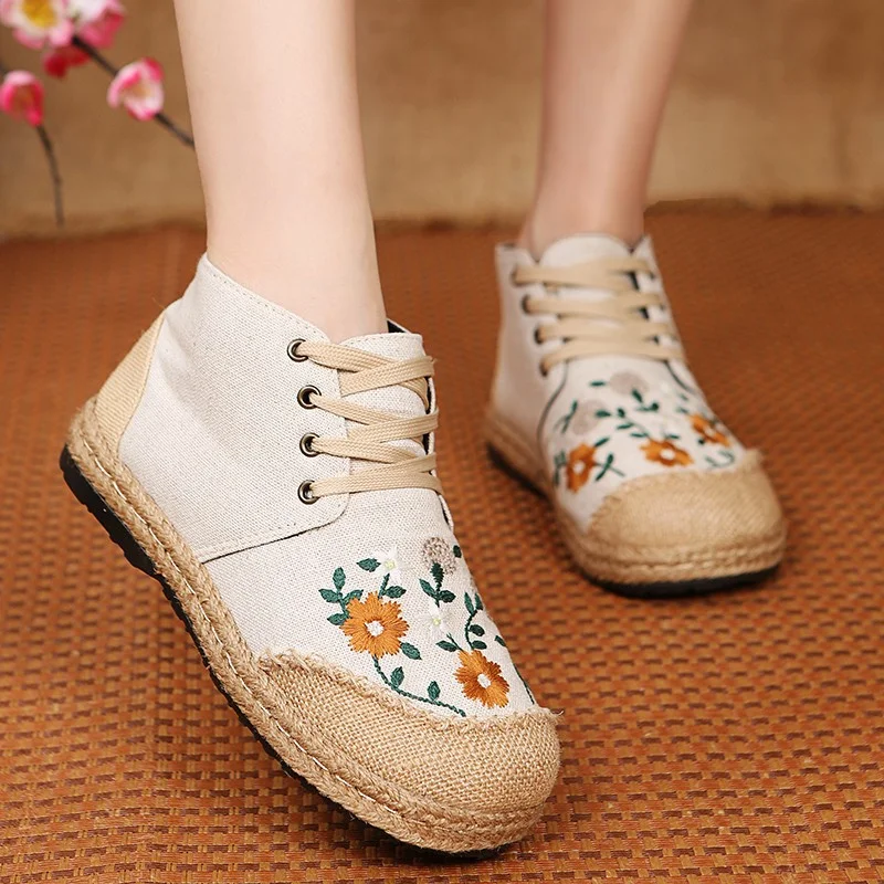 Yyvonne Women Shoes Handmade Vintage Embroidered Flats Booties Shoes High Top Lace Up Canvas Sneakers Linen Casual Leisure Espadrilles