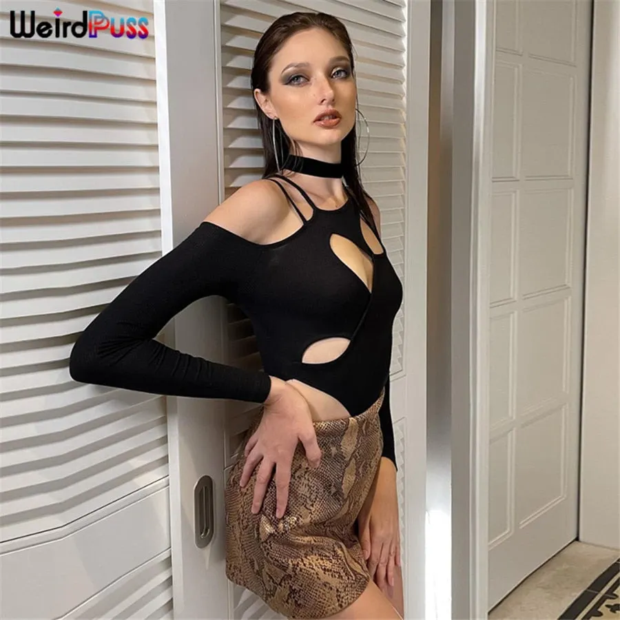 Weird Puss Y2K Sexy Hollow Bodysuit+Chic Necklet Long Sleeve Bodycon Women All Match Fashion Clubwear Autumn Skinny Black Tops