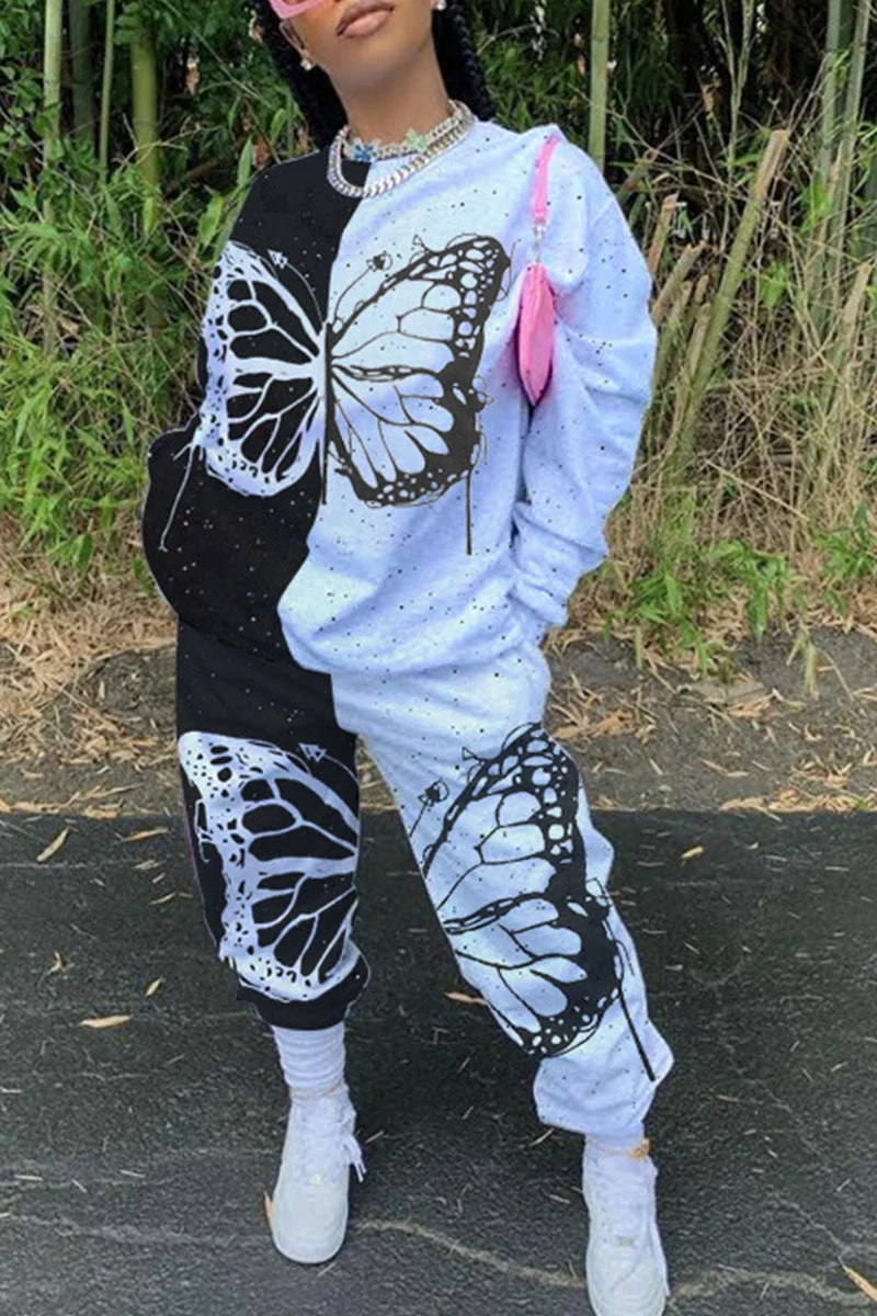 Casual Butterfly Print Split Joint O Neck Long Sleeve Two Pieces