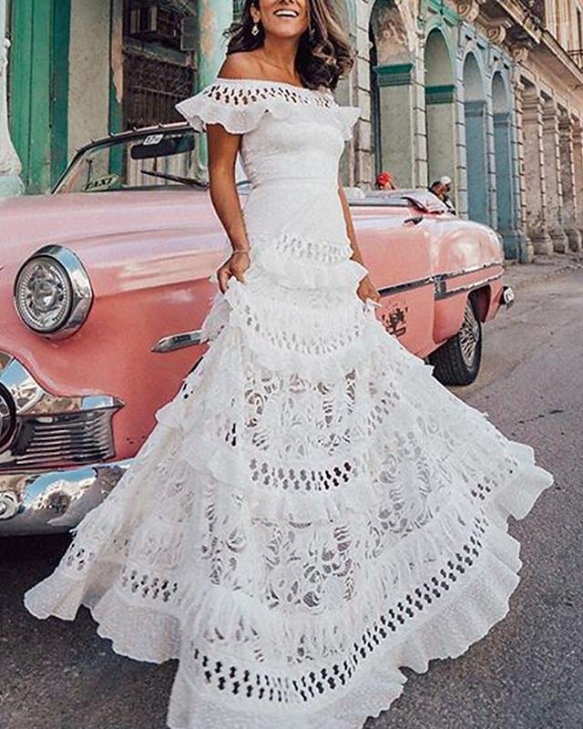 Women's A-Line Dress Maxi Long Dress - Short Sleeve Solid Color Ruffle Spring & Summer Off Shoulder Hot Holiday Beach Vacation Dresses Lace White Dresses
