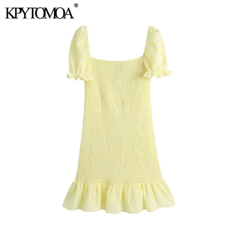 KPYTOMOA Women 2021 Chic Fashion Smocked Elastic Ruffled Mini Dress Vintage Puff Sleeve With Lining Female Dresses Vestidos