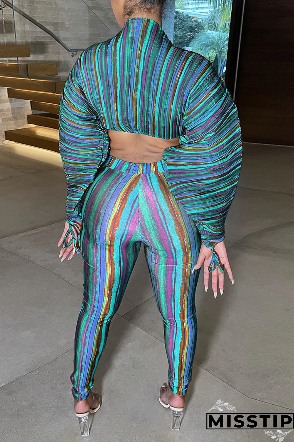 Lake Blue Sexy Striped Patchwork Half A Turtleneck Long Sleeve Two Pieces