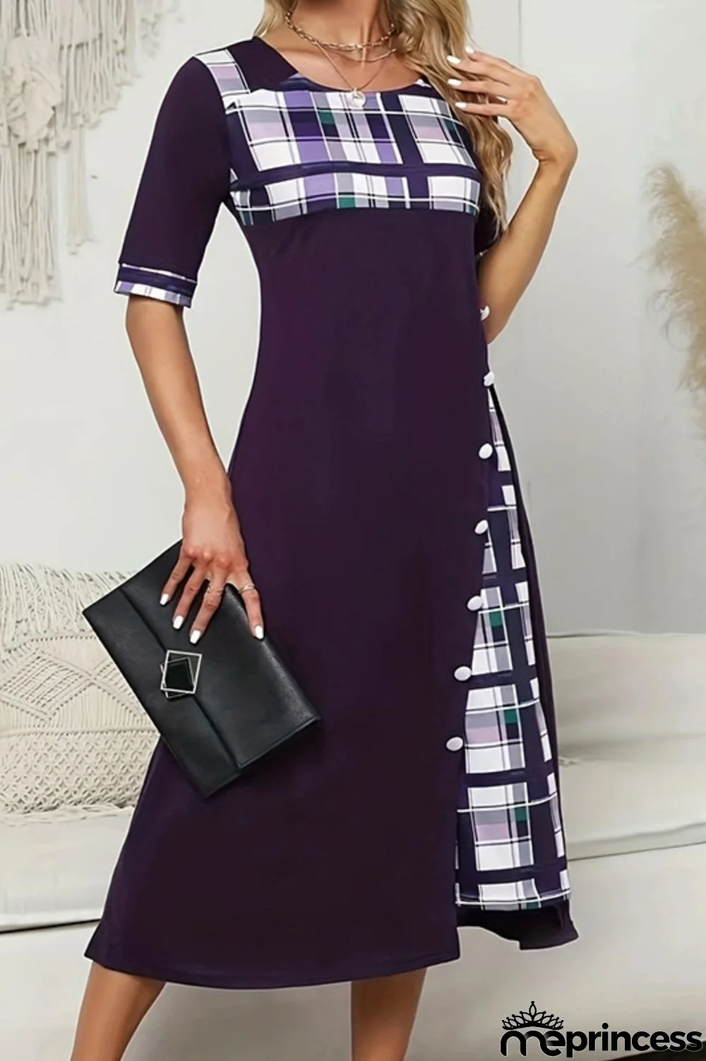 Casual Plaid Print Patchwork O Neck Short Sleeve Dress Dresses