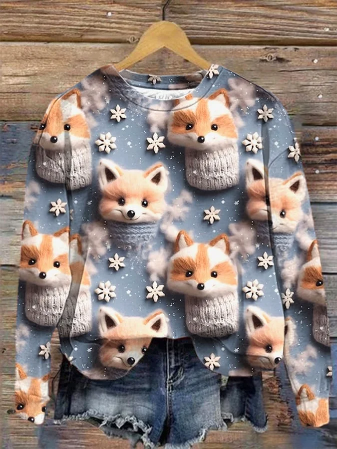 Women's Christmas Fox  Print Sweatshirt-mysite