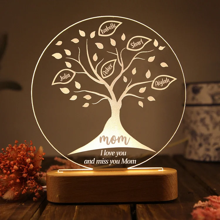Personalized Family Tree Night Light Engraved 5 Names Wooden LED Lamp