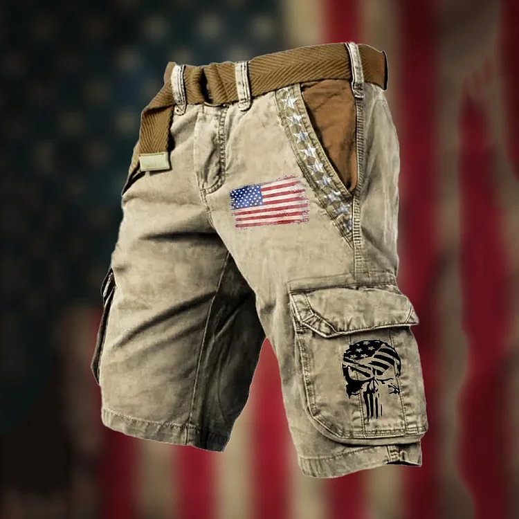 VChics Men'S Vintage Flag Independence Day Multi-Pocket Print Cargo Shorts