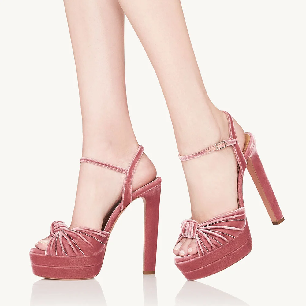 Pink Velvet Peep Toe Knotted Front Strap and Ankle Strappy Platform Sandals With Chunky Heels Nicepairs