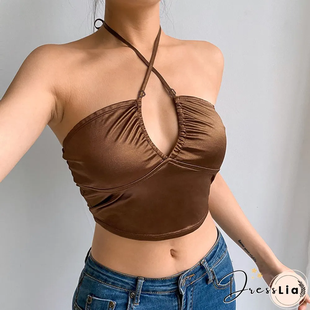 Sexy Fashion Brown Halter Tops Women Backless Skinny Camisole Korean Harajuku Clubwear
