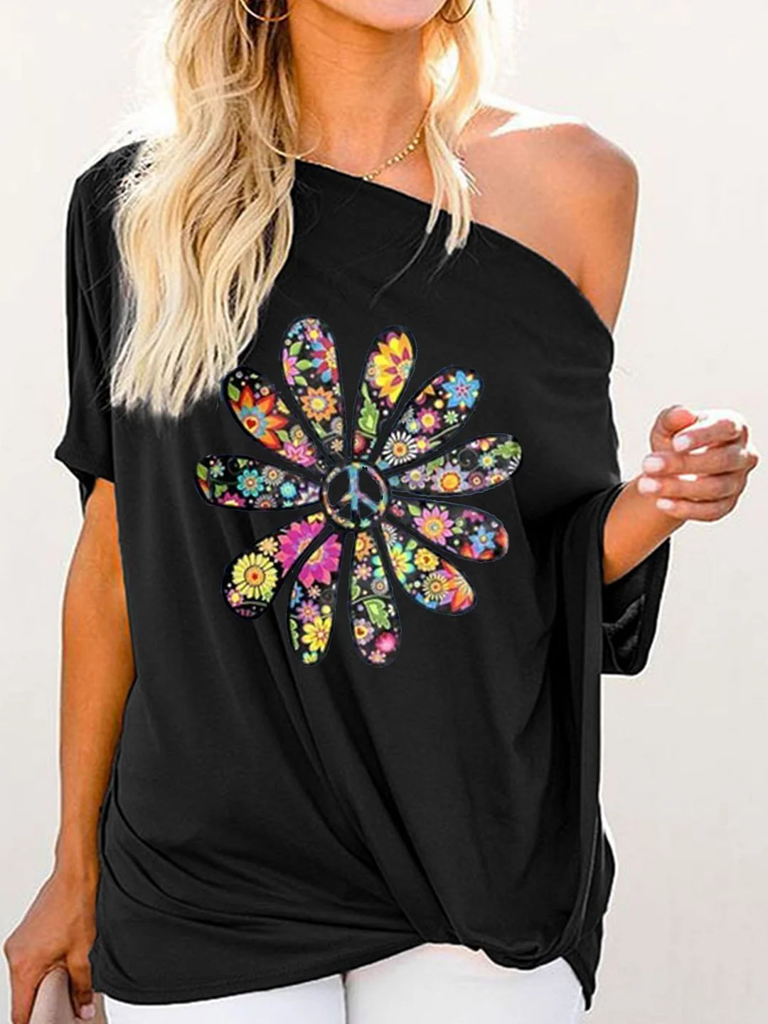 Floral-Print Short Sleeve One Shoulder Casual Shirts & Tops