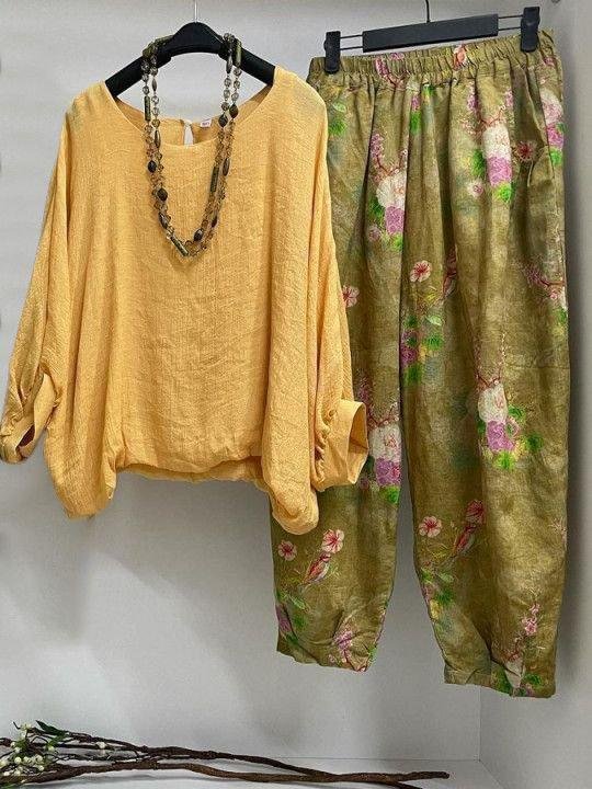Yellow Plain Casual Crew Neck Suits