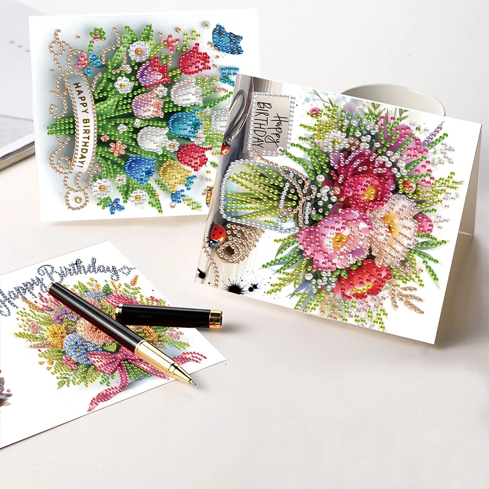 [Upgrade-Laser Card]6Pcs Birthday Bouquet DIY Diamond Painting Card Diamond Drawing Card for Friends