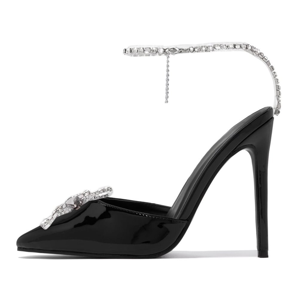Black Patent Leather Pointed Pumps Crystal Bow Ankle Strap Stiletto Heels Nicepairs