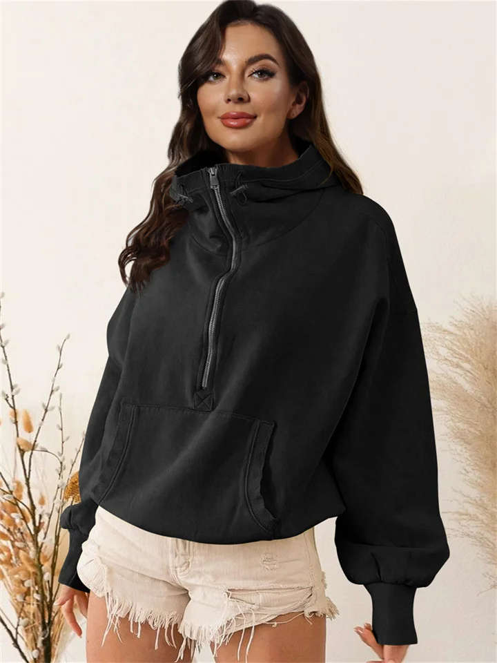New Solid Color Hooded Sweatshirt Women's Tide Sports Hoodie Zipper Drawstring Long Sleeve Tops Jacket