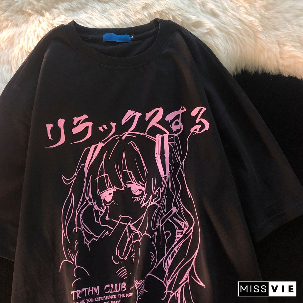 Womens Clothing-Y2K Japanese Harajuku Graphic Kawaii Shirts-Anime Print Oversized Plus