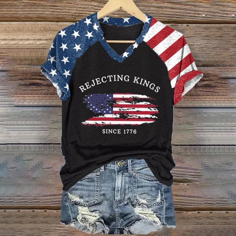  Women's Rejecting Kings Since 1776 Print V Neck T-shirt Westsshops