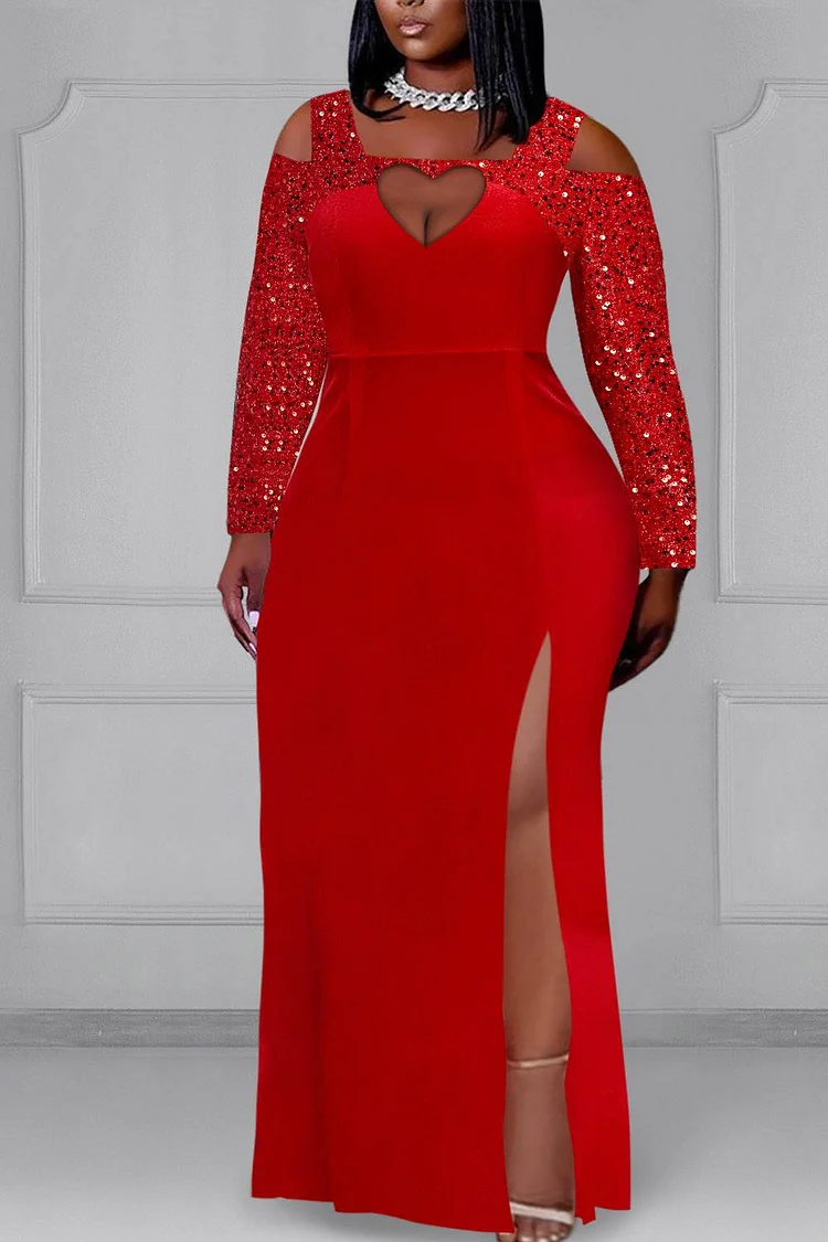 Plus Size Formal Maxi Dresses Red Fall Winter Square Neck Cold Shoulder Long Sleeve Split Sequin Maxi Dresses