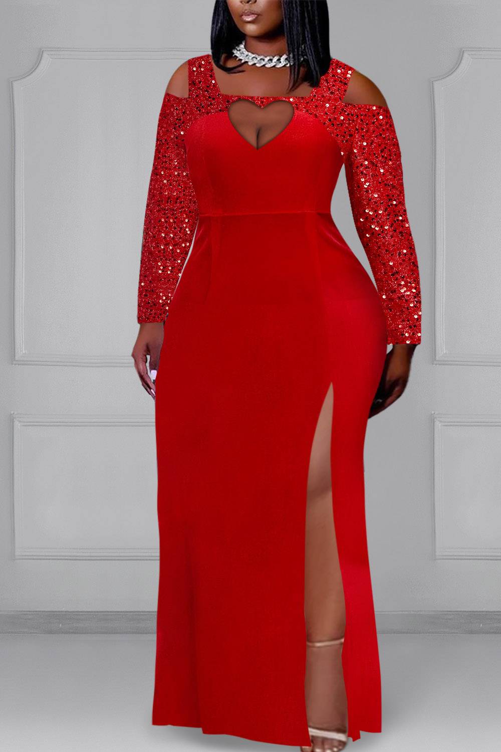 Plus Size Formal Maxi Dresses Red Fall Winter Square Neck Cold Shoulder Long Sleeve Split Sequin Maxi Dresses