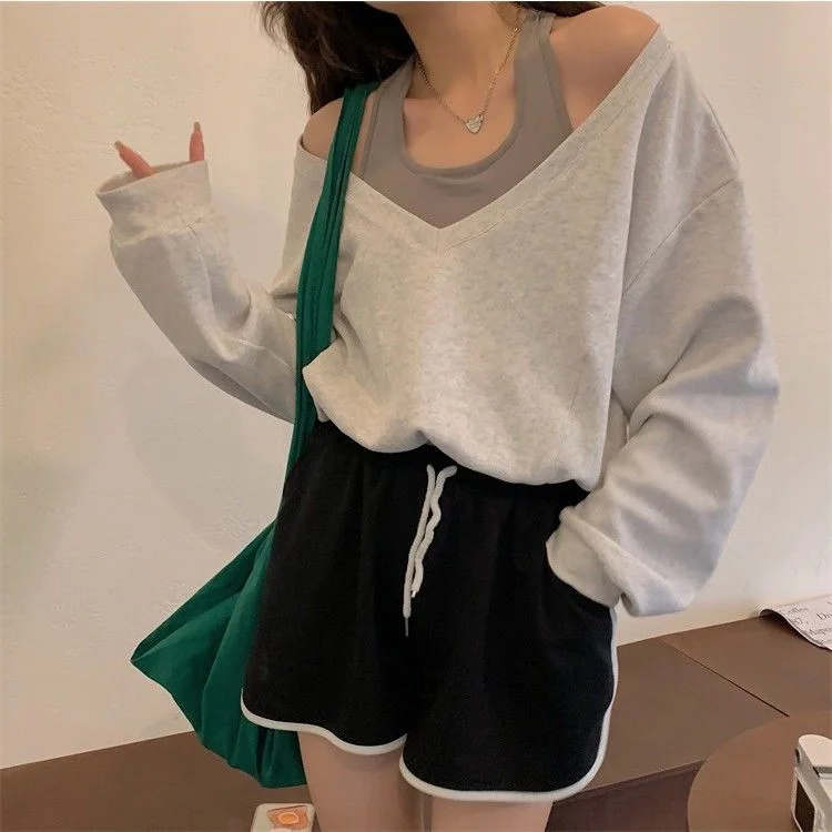 Sonicelife  Oversize Brown Sweatshirts Y2K Aesthetic Korean Fashion Patchwork Off Shoulder Hoodie Fake Two-Peice Outwear Halter Top