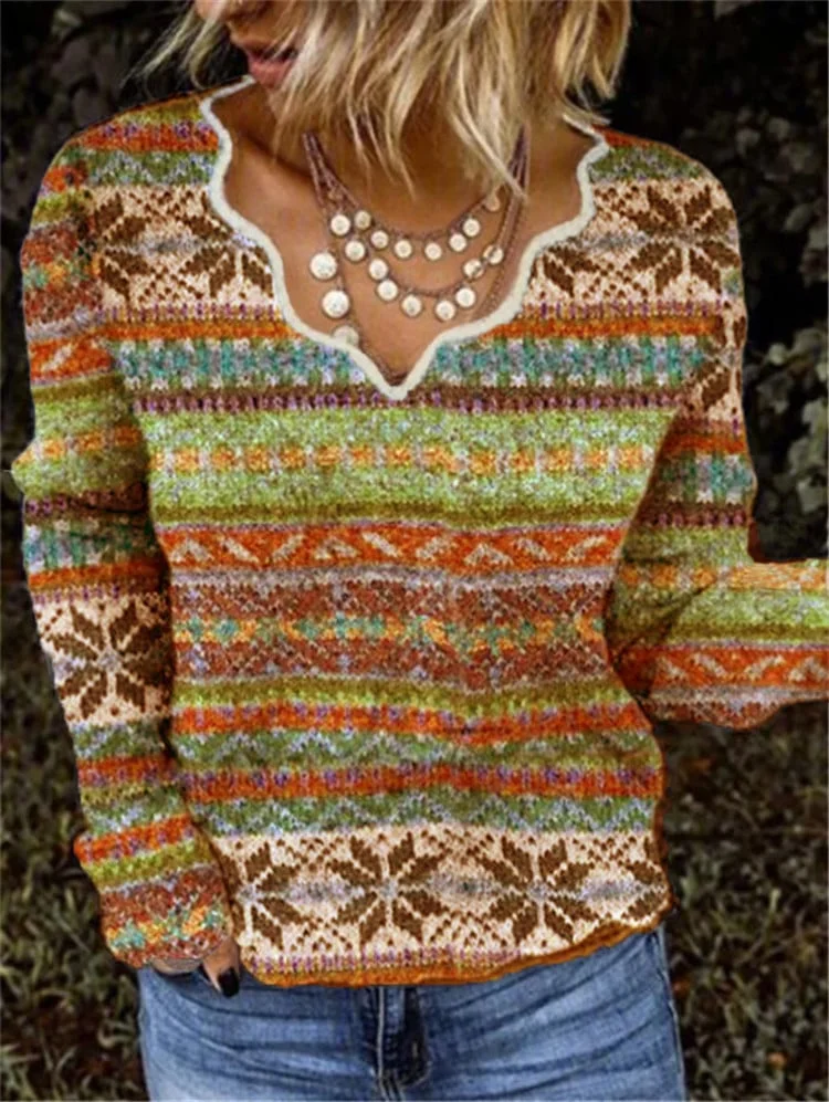 Women's Irregular Neck Print Sweater