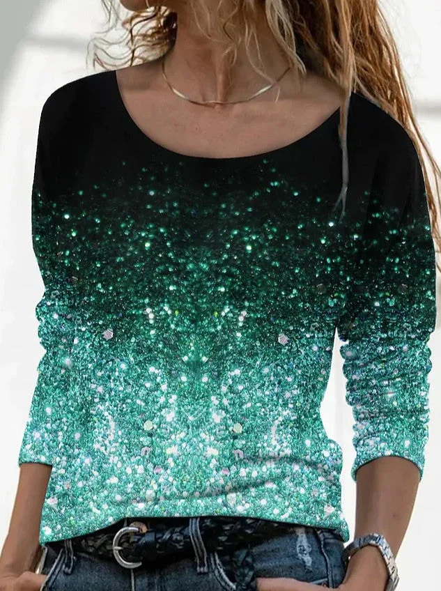 Uveng Long Digital Printing Sleeve Loose Neck Casual Pullover Print T-shirt