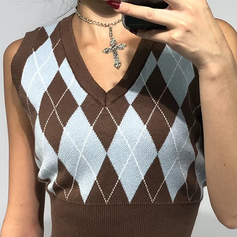 Crop Top Argyle Sweater Vintage Vest V Neck Sleeveless Tank Jumper Preppy Style Plaid Knitted Pullover Autumn Winter Clothes
