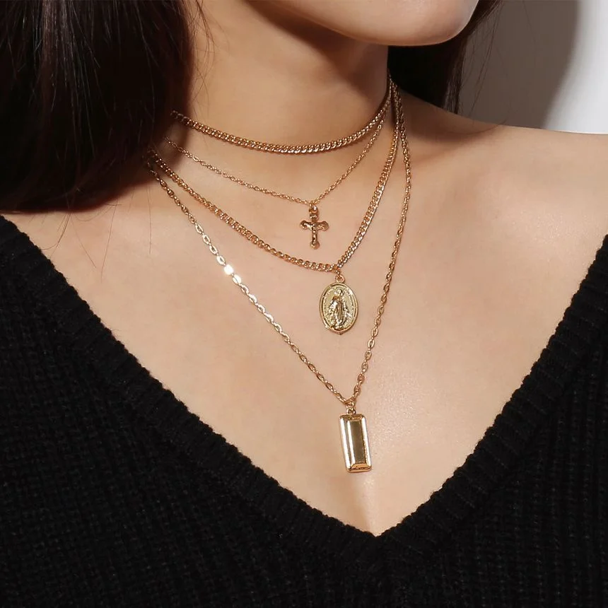 Alloy Cross Pendant Layered Choker Necklace YP2211