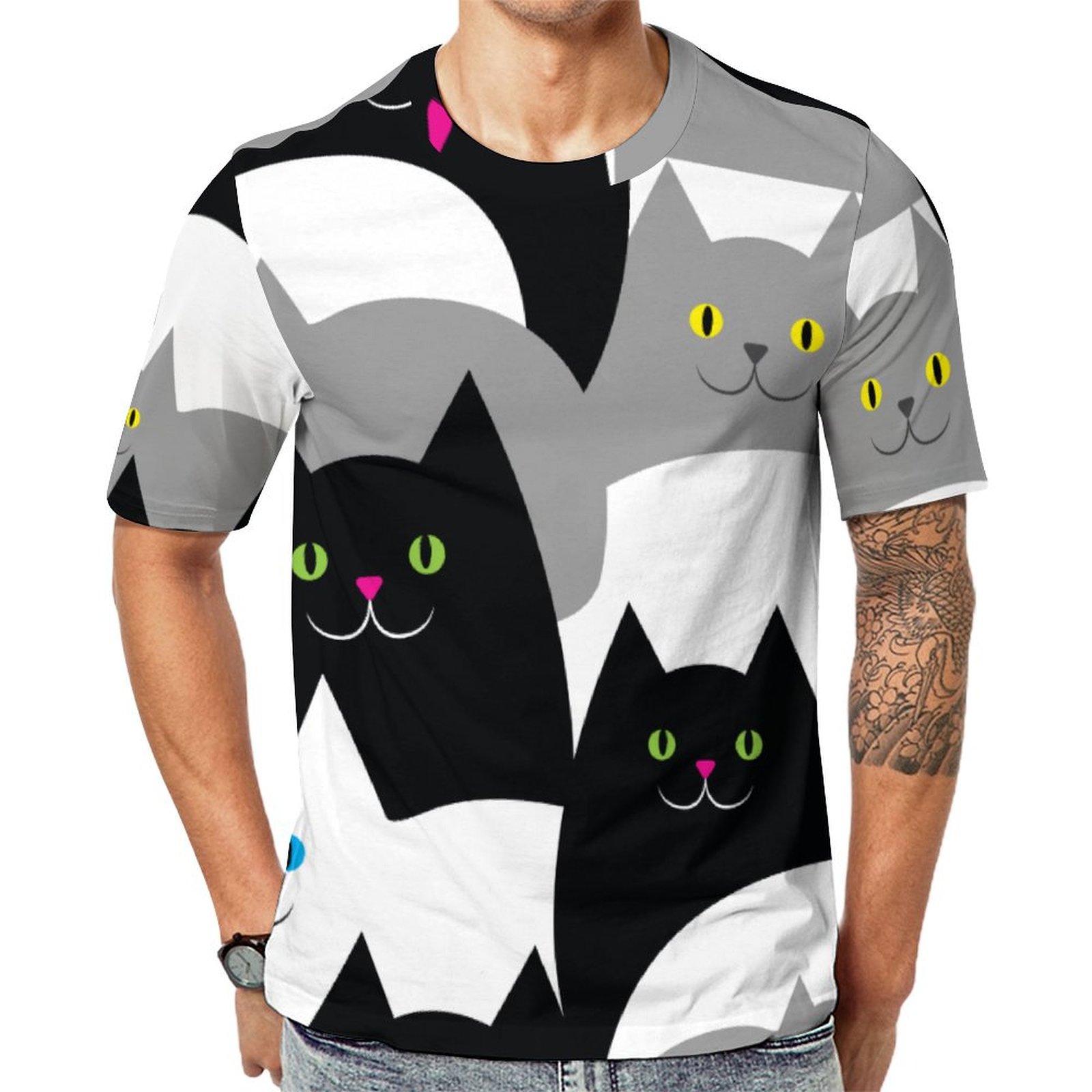 Funny Black Gray And White Kitty Cat Short Sleeve Print Unisex Tshirt Summer Casual Tees for Men and Women Coolcoshirts