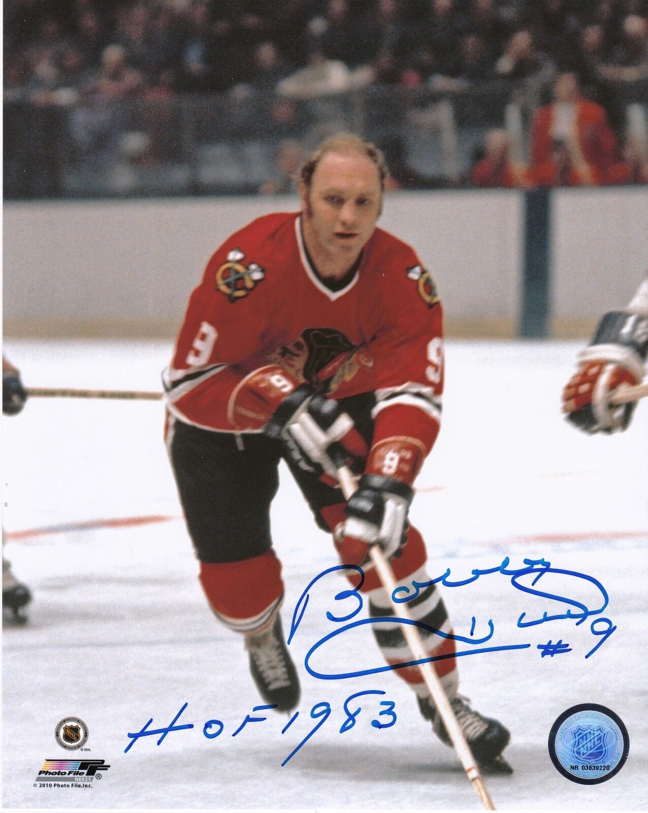 BOBBY HULL CHICAGO BLACKHAWKS HOF 1983 ACTION SIGNED 8x10