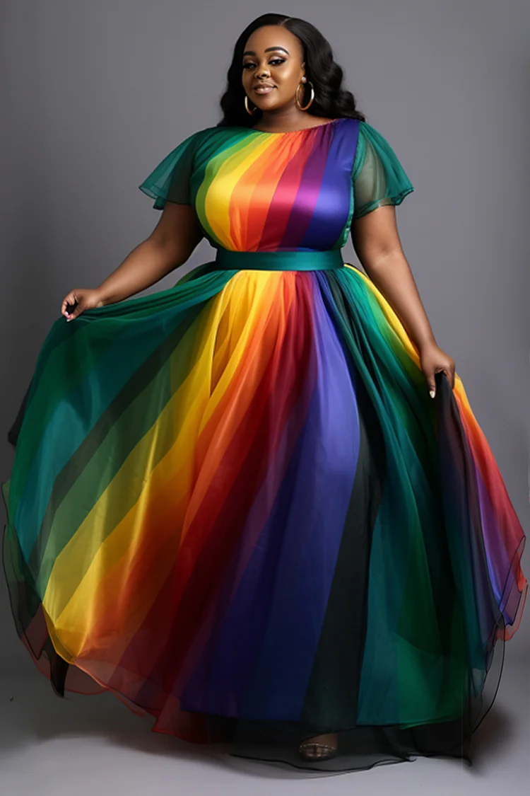 Xpluswear Design Plus Size Prom Elegant Multicolor Colorblock Rainbow Round Neck Short Sleeve Tulle Maxi Dresses