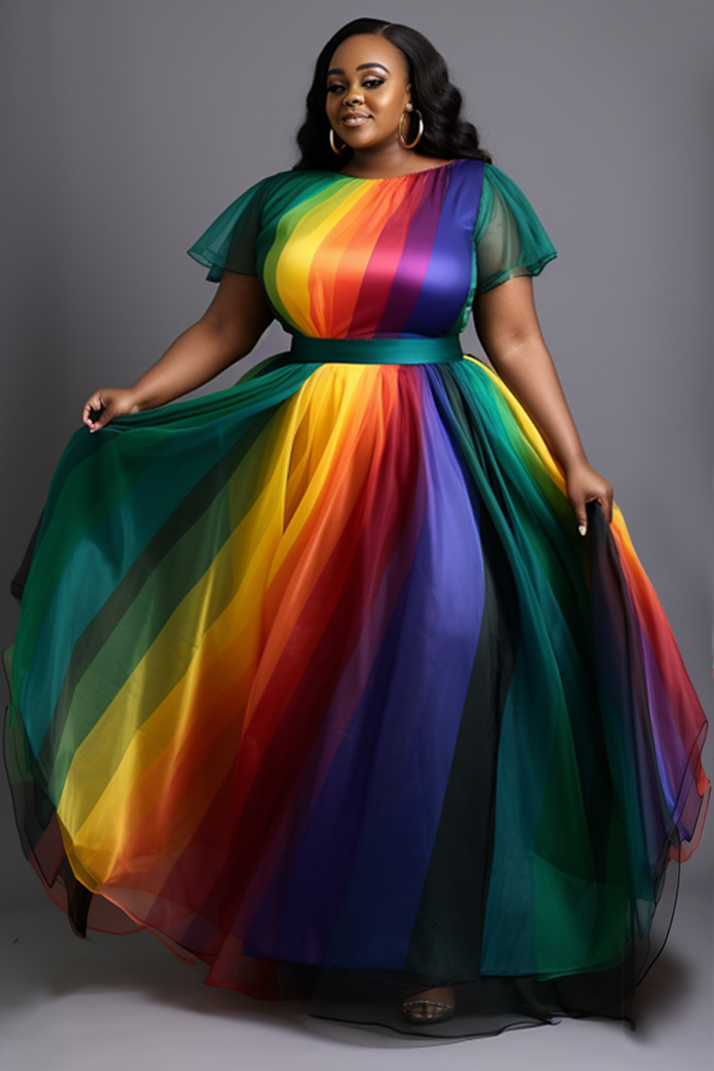 Design Plus Size Prom Elegant Multicolor Colorblock Rainbow Round Neck Short Sleeve Organza Maxi Dresses [Pre-Order]