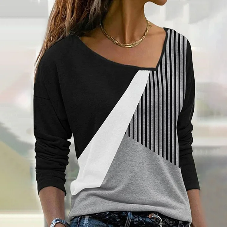 Wearshes Casual Colorblock Asymmetric Long Sleeve T-Shirt