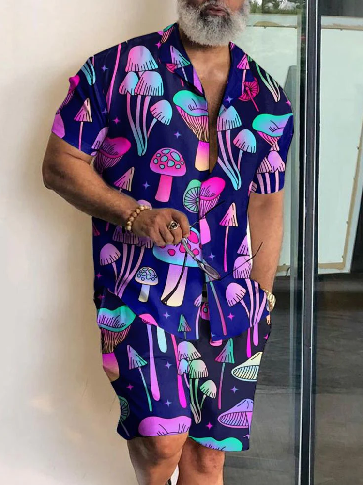 Men's Casual Holiday Button Down Short Sleeve Top Casual Fashion Hawaiian Cozy Shirt Set