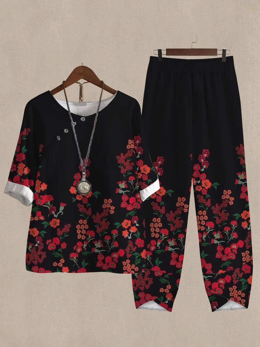 Black Floral Print Casual Two-piece Suits
